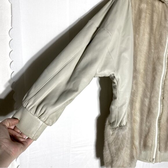 Vintage Oversized Beige Leather Tan Fur zip Front Jacket Coat XXL - Picture 12 of 16